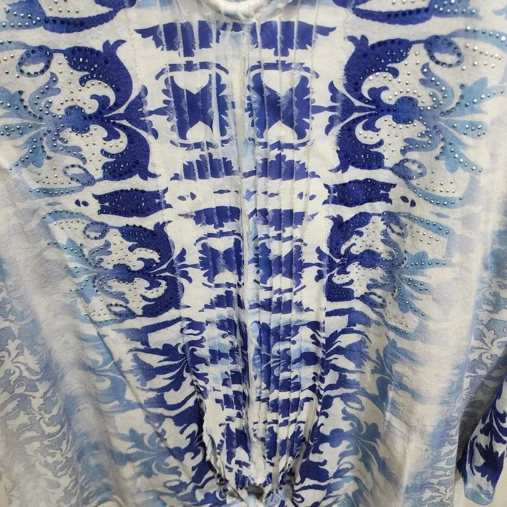 Chico's Women's 3/4 Sleeve’s‎ Embellished Tie Front Blouse Top Blue Size 2 (L)